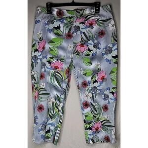 Zac & Rachel Pull-On Capri Pants Women 14 Blue Multicolor Striped Floral Summer
